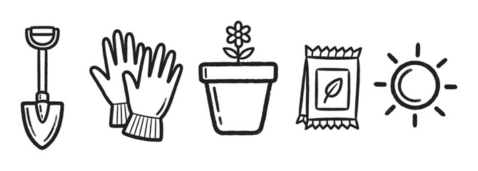 Fototapeta premium Black outlined icons of a garden shovel, gloves, potted flower, seed packet, and sun, representing essential gardening tools and elements.