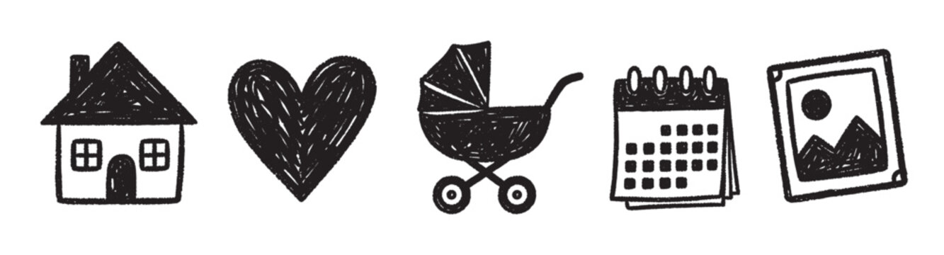 Black sketch-style icons of a house, heart, baby stroller, calendar, and picture, representing home, love, family, planning, and memories.