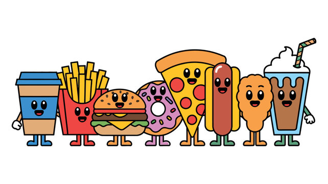 A cheerful group of cartoon fast food characters standing together, celebrating their delicious appeal.