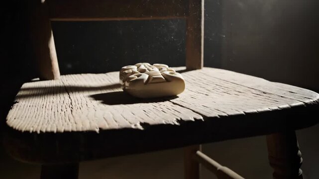 Ancient Mayan Calendar Replica on Weathered Wooden Chair in Dim Light.