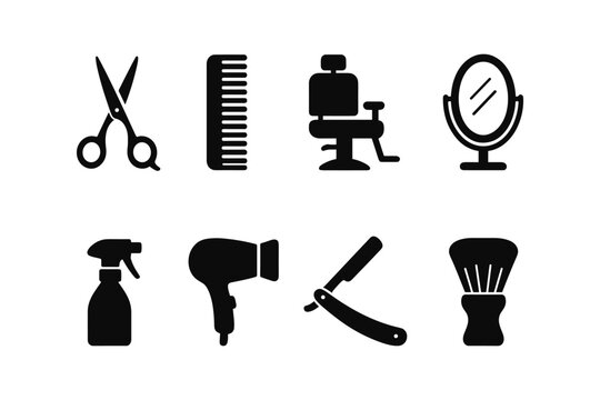Essential barber tools icons: scissors, comb, mirror, and more in bold silhouette design