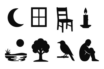 Silhouette icons of moon, nature, and objects