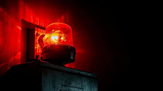 Urgent flashing red warning light signals emergency in dark industrial setting casting dramatic shadows and creating intense atmosphere for security alerts or danger notifications