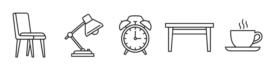 Black outline vector icons of a chair, desk lamp, alarm clock, table, and steaming cup, representing office and home essentials.
