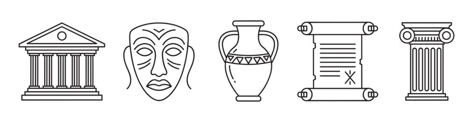 Black outline icons depicting a greek temple, theater mask, ancient vase, scroll, and a decorative column, representing elements of ancient greek culture.