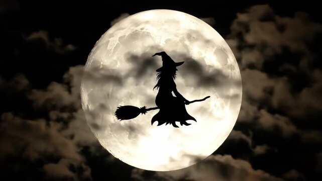 Witch flying on broomstick against full moon Halloween night.