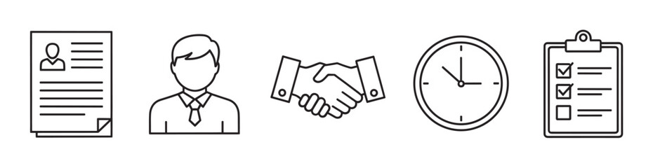 Fototapeta premium Black outline icons of a resume, businessman, handshake, clock, and checklist on a white background.
