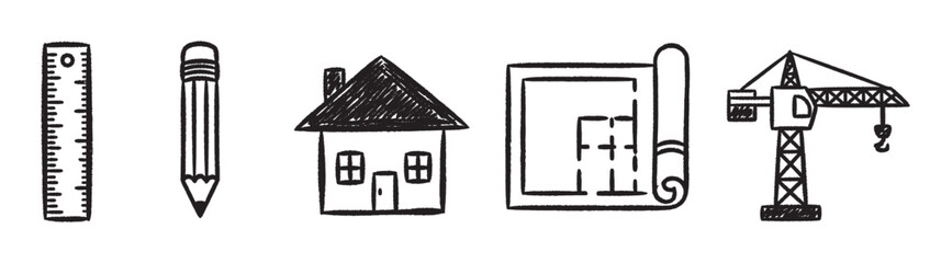 Hand-drawn icons of a ruler, pencil, house, blueprint, and crane symbolizing construction, architecture, and design tools.