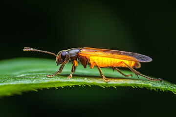 A lone firefly resting on a leaf, its glow softly pulsating  