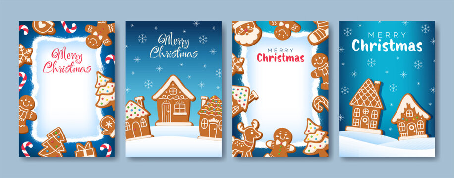 Set of Christmas and New Year greeting cards. Modern cartoon cards and frames featuring gingerbread houses, winter landscapes, candy canes, and snowflakes.