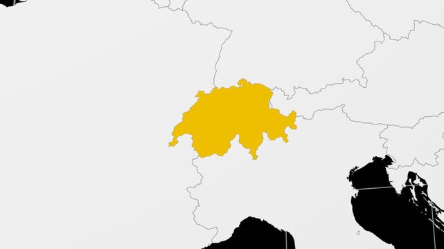 Switzerland map. Animated zoom into the country on the Globe in Black White color palette. Country logo animation. Map with meridians, parallels. Modern video.