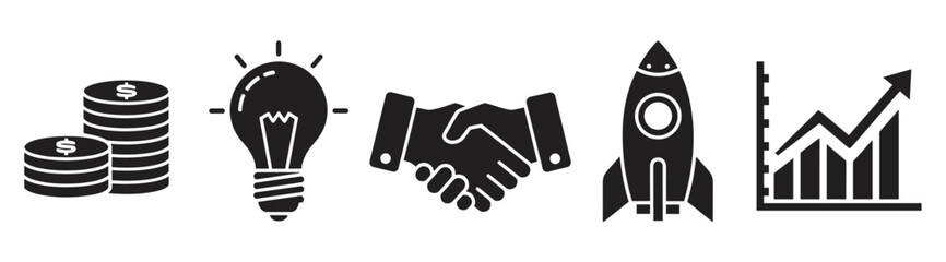 Fototapeta premium Black silhouette icons representing business concepts: stacked coins for wealth, light bulb for innovation, handshake for partnership, rocket for growth, and chart for success.