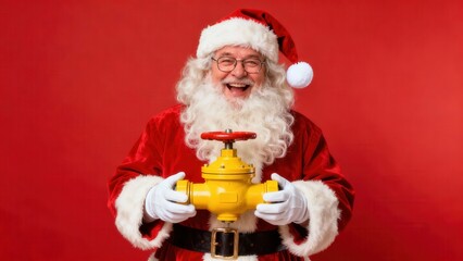 Santa Claus holding a gas valve decorated with festive gift ribbon on solid red background for energy company holiday campaigns and industrial equipment promotions