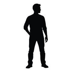 Silhouette of a standing man with one hand in pocket looking to the side silhouette