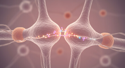 Two neurons communicating with colorful neurotransmitters