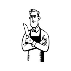 Butcher confidently holding a knife, representing culinary expertise, meat preparation, and craftsmanship in food industry.