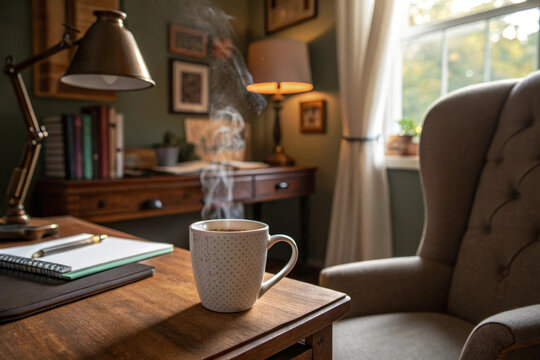 Cozy home office steaming coffee ceramic mug wooden desk warm light morning glow soft steam window curtain comfortable chair rustic decor. Calm workspace with gentle steam rising, inviting focus