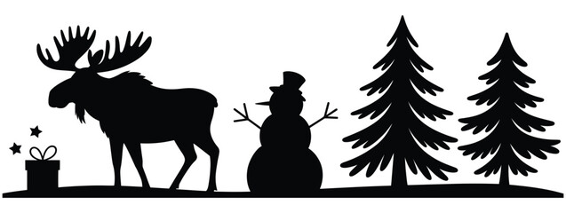 Naklejka premium Moose and snowman forest scene Christmas vector illustration