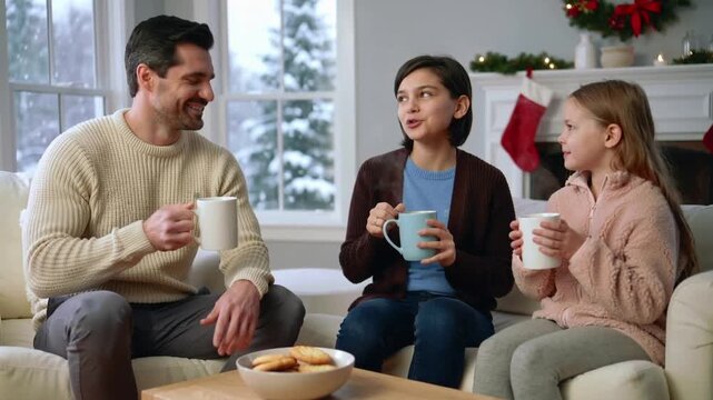 Cozy family enjoying hot drinks in winter