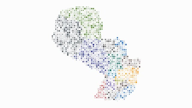 Paraguay animated country shape. Pulsating colored dots on the map of the country. Small size square blocks. Digital style Paraguay map on white background. Awesome animation video.