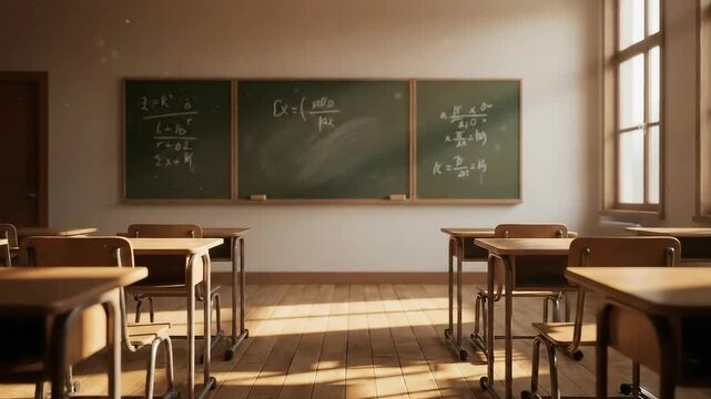 An empty classroom with desks and chairs, a blackboard with equations, and sunlight streaming through windows