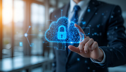 Businessman interacting with a digital cloud security interface in a modern corporate environment