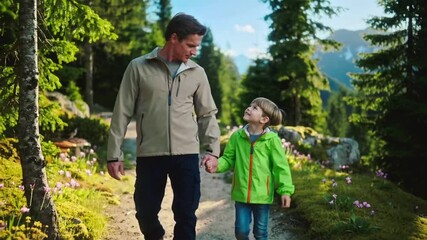 Father and son walking in a beautiful forest