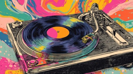 A vinyl record spins on a turntable surrounded by swirling colors and lively patterns creating energetic vibes.