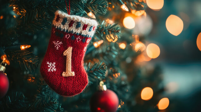 knitted christmas advent calendar sock with number 1 hanging on decorated christmas tree festive handmade ornament holiday tradition cozy seasonal decoration
