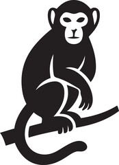 Monkey sitting on a branch silhouette, Jungle animal black and white vector design