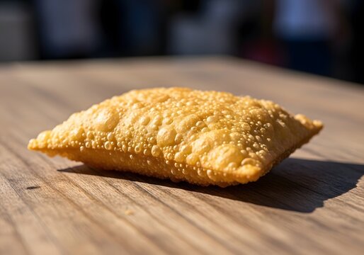 Close-up de pastel brasileiro crocante com queijo derretido sobre mesa r&uacute;stica