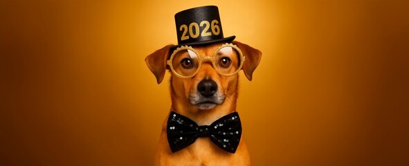 Adorable tan dog wearing festive New Year&rsquo;s 2026 accessories, including a black top hat, golden glitter glasses, and a black sequin bow tie, posing against a golden background. Perfect for holiday 