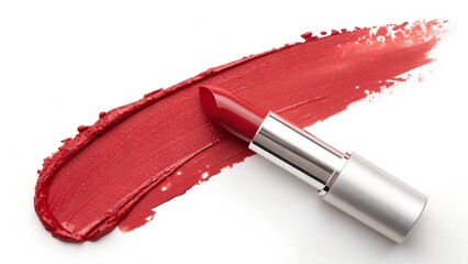 Red Lipstick Swatch and Silver Tube on White Background makeup cosmetic