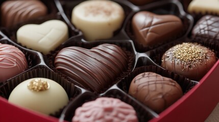 Heart-shaped box filled with assorted chocolates, showcasing a variety of textures and designs, ideal for gifting on special occasions or expressing love and affection