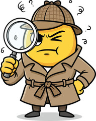 Cartoon detective character with a magnifying glass, looking for clues