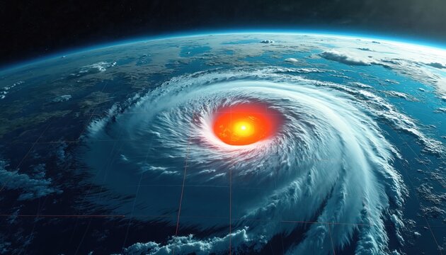 Satellite view of giant hurricane swirling over blue ocean. Eye of storm glows red, threatening land with powerful wind, heavy rain, and dangerous waves. Global disaster.