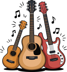 Obraz premium Acoustic and electric guitar vector illustration set of musical instruments for string music