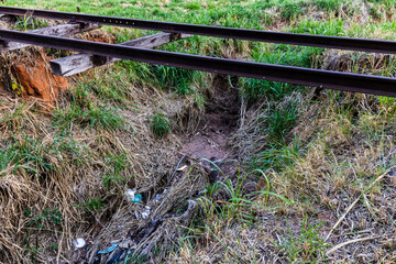 Erosion deteriorates the tracks of the railway branch in Sao Paulo state, Brazil