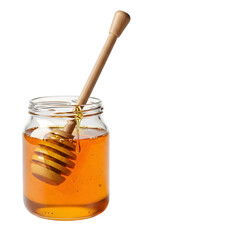 Glass jar filled with golden honey and a wooden honey dipper isolated on transparent background