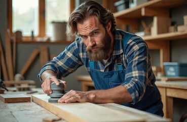 Bearded man in blue overalls sands wood plank with electric sander. Carpenter works in workshop refining furniture piece. Craftsmanship, manual labor, skilled trade.