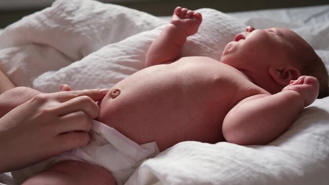 Gentle mother's hand tenderly touching the healing navel with the umbilical cord stump of her crying newborn infant lying on a soft white bed sheet, representing maternity and childcare
