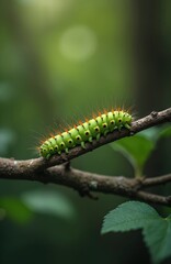 Fototapeta premium Green with orange spikes crawls on tree branch. Small insect moves slowly in natural garden setting. Wildlife macro photo shows detailed bug life. Its body has black spots and yellow markings.