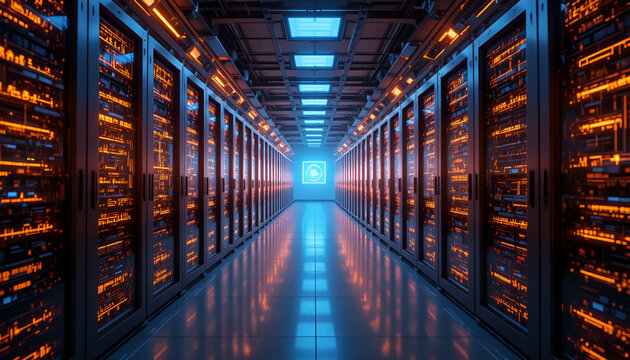Data center hallway with server racks glowing orange and blue in a modern technology environment - Powered by Adobe