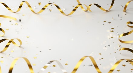 Golden Ribbons and Sparkle Confetti on White Surface for Festive Events