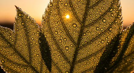 Leaf veins glistening with dew drops at sunrise