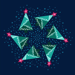 Snowy winter night. Round ornament of Christmas trees and snowflakes on dark background. Geometric spruce of triangles. A winter design element for holiday decor