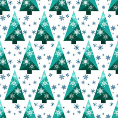 Green Christmas trees and snowflakes on white background. Seamless pattern of random christmas trees. Geometric spruce of triangles. A winter design element for textile, paper, etc.