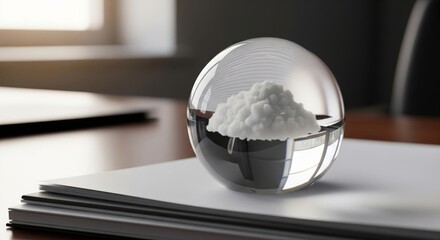 Glass sphere containing a white cloud sitting on papers on an office desk