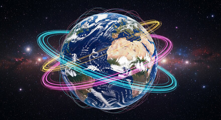Earth planet orbiting with global communication light lines