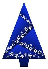 Bright blue Christmas tree decorated with white snowflakes. Geometric tree of gradient triangles. A winter vector design element for holiday cards, posters, and advertising.